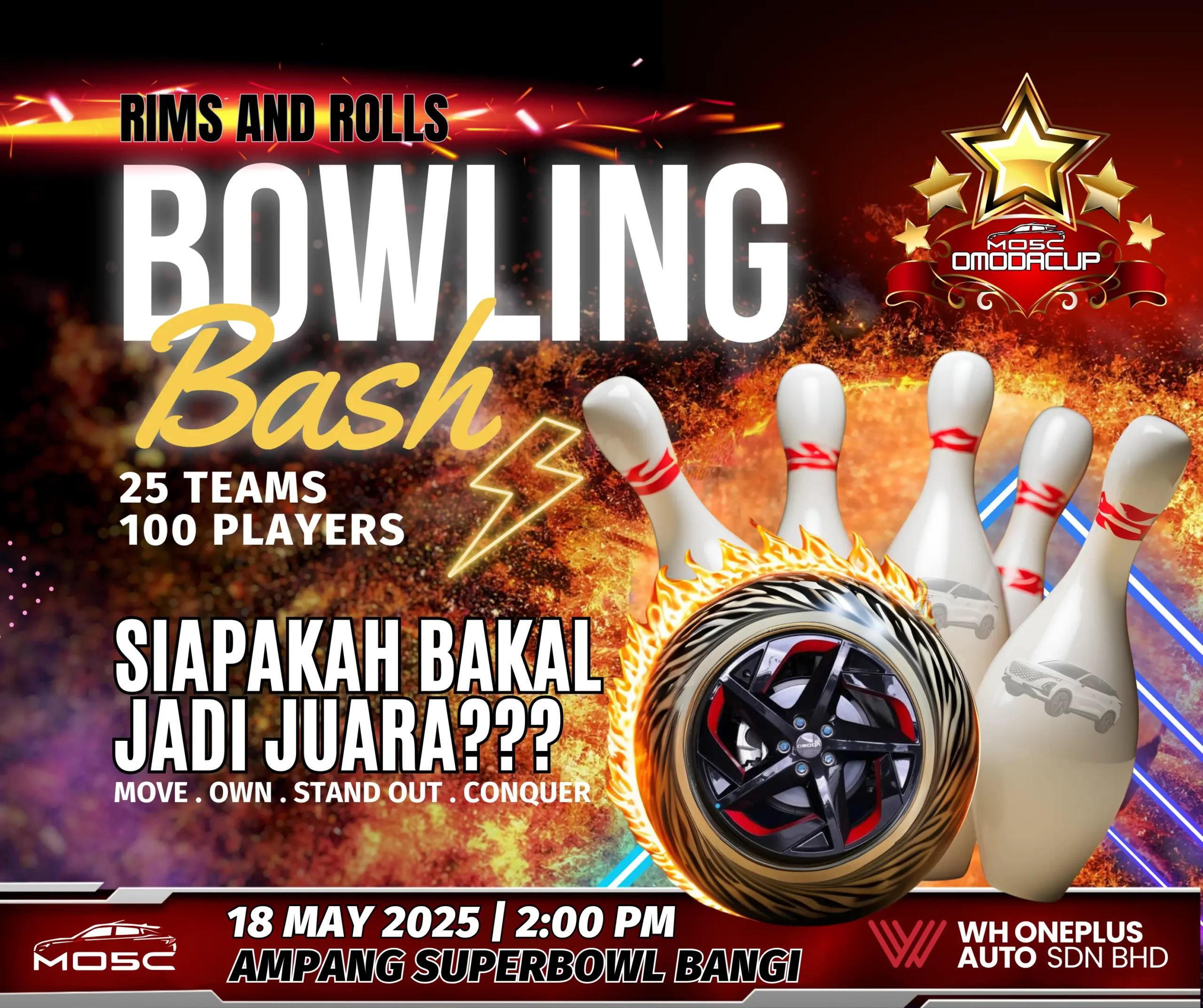 Poster of OMODACUP Rims & Rolls Bowling Bash anjuran Malaysia Omoda 5 Community official event invitation Komuniti Omoda 5 Malaysia